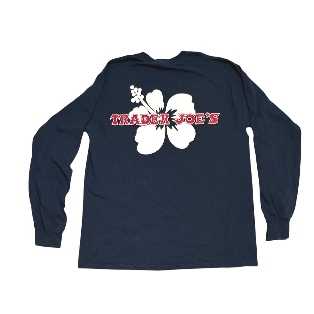 Trader Joe's T-Shirt Mens Medium Long Sleeve Hibiscus Graphic Cotton Navy Blue
